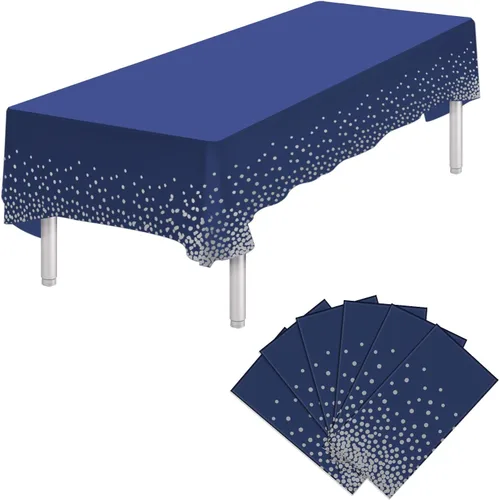 Miniatura 20 de Paquete de 4 manteles de plástico desechables azules y dorados para mesa rectangular, manteles desechables de 54 x 108 pulgadas, manteles