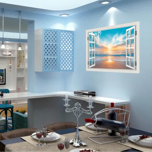 Miniatura 8 de Calcomanía de pared falsa para ventana, atardecer de verano, paisaje marino, océano, playa, póster de ventana falsa para decoración de pared