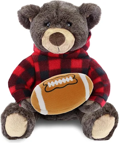 DolliBu Peluche de oso marrón con felpa de fútbol – Oso súper suave para abrazar con capucha a cuadros rojos, juguete de peluche regalo de vida
