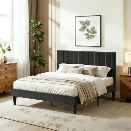 Miniatura 8 de IMUsee Base de cama tapizada de terciopelo de tamaño matrimonial con cabecero, listones de madera fuertes, somier opcional, base de colchón, fácil