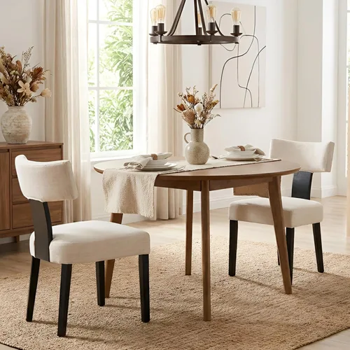 Miniatura 57 de HNY Juego de 6 sillas de comedor de ratán de estilo de mediados de siglo, silla de acento tapizada en lino de estilo granja con respaldo curvo