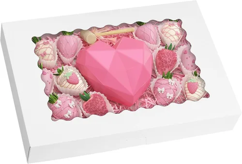 TOMNK 25 piezas Cajas para galletas con ventana, 16x11x2.5 pulgadas Cajas de panadería grandes con despliegue automático para golosinas, postres,