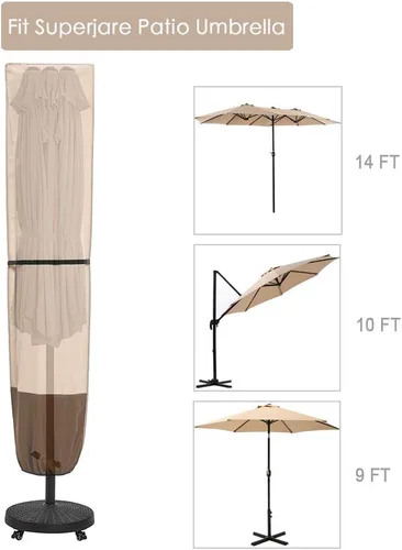 Miniatura 4 de SUPERJARE Funda para sombrilla de patio con varilla para sombrillas de 7 a 11 pies y sombrillas de 15 pies de doble cara, funda protectora Marrón