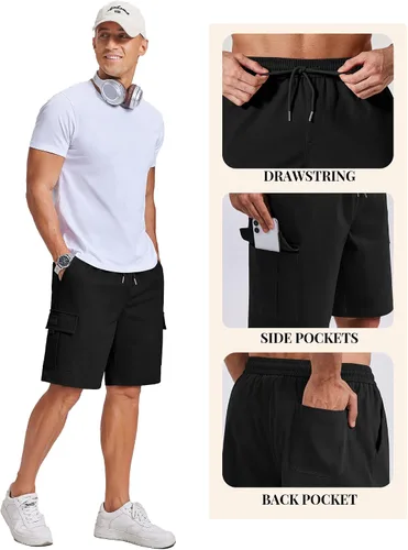 Miniatura 4 de COOFANDY Pantalones cortos cargo de sarga de algodón para hombre, con cordón elástico, cintura elástica, casual, con 5 bolsillos