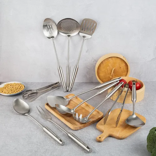 Miniatura 5 de Juego de utensilios de cocina de acero inoxidable 18/10, herramientas de cocina de metal de 15 pulgadas, 11 piezas, 2 pinzas, tenedor, cuchara