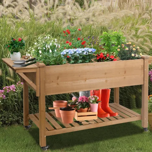 Miniatura 8 de Gowoodhut Cama de jardín elevada, maceta de jardín de hierbas al aire libre con ruedas bloqueables, estante de almacenamiento, forro protector