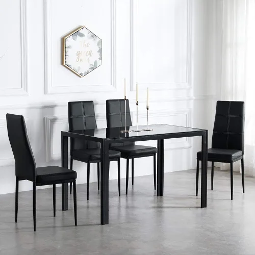 Miniatura 9 de Juego de mesa de comedor de 5 piezas, moderno juego de mesa de comedor negro para 4, mesa de comedor de cocina de vidrio templado con 4 sillas