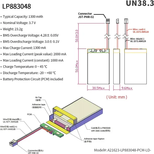 Miniatura 2 de EEMB Batería de polímero de litio 3.7V 1300mAh 883048 Lipo Batería recargable con conector JST de cable para altavoz y dispositivo inalámbrico