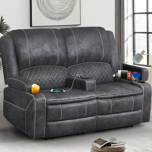 Miniatura 17 de Yolsali Juego de sofá biplaza con 2 capas de cojín para sala de estar, 2+1 pieza, sofá doble reclinable de 2 plazas, de cuero con consola extraíble