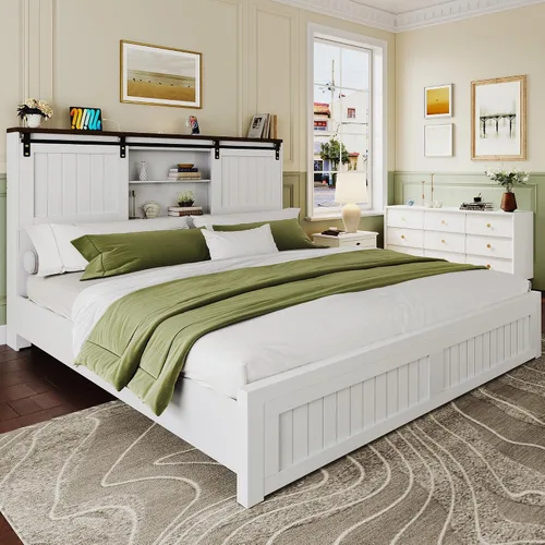 Base de cama tamaño Queen con almacenamiento, puerta corrediza de granero, cama de plataforma de madera de granja con luz de lectura y estación de