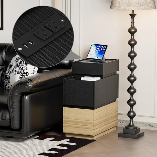 Miniatura 9 de UEV Mesa auxiliar con estación de carga, mesita de noche con cajones y almacenamiento, mesa auxiliar estrecha con puertos USB y tomas de corriente