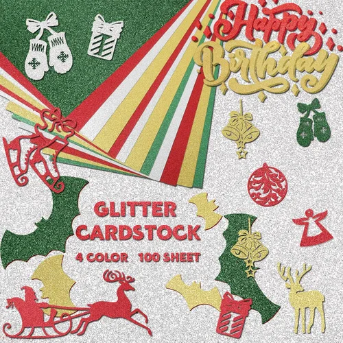 Miniatura 4 de Yeaqee 100 hojas de papel de cartulina con purpurina de Navidad, papel de regalo metálico de 8.5 x 11 pulgadas, cartulina pesada de 8.82 oz/m²
