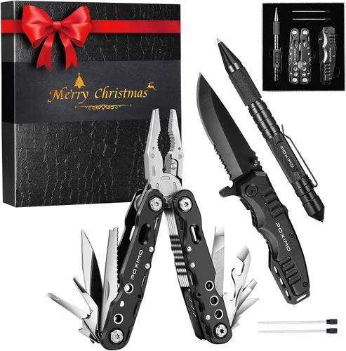 Miniatura 12 de Juego de regalo multiherramienta para hombres, para papá, él, kit de supervivencia EDC 3 en 1 con alicates múltiples 14 en 1, cuchillo de bolsillo