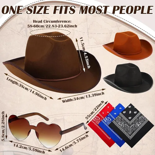 Miniatura 2 de Geyoga 9 piezas de sombrero de vaquero para adulto con bandana de vaquero y gafas para disfraz del oeste, accesorio para hombres y mujeres