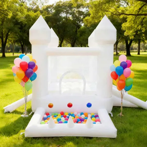 Miniatura 2 de Casa de Rebote Blanca, Casa de Rebote para Interiores y Exteriores, Casa de Rebote Inflable con Pozo de Pelotas y Tobogán, Casa de Rebote para Niños