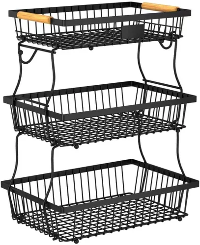 Miniatura 13 de Cesta de frutas de 2 niveles para encimera de cocina con 2 ganchos para plátanos, cesta de pan de metal para encimera con mango de madera, soporte