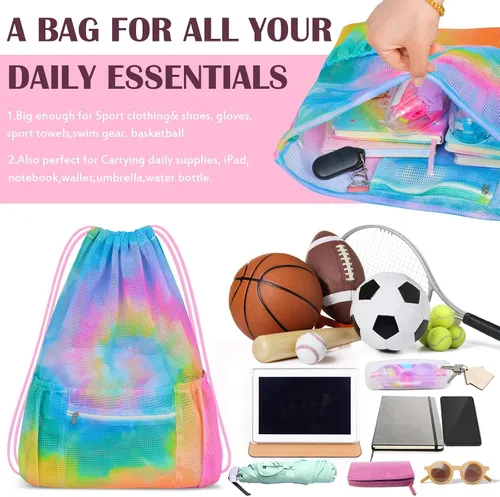 Miniatura 5 de Mochila de malla con cordón, bolsa de gimnasio deportiva grande para mujeres y niños con bolsillo y cremallera para playa, yoga, fútbol, fútbol