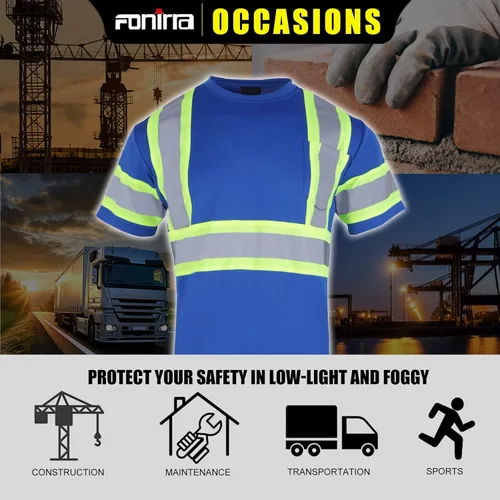 Miniatura 8 de FONIRRA Camisa reflectante de seguridad de alta visibilidad para hombres ANSI Clase 3 Hi Vis, camisas de trabajo de construcción con manga corta Azul