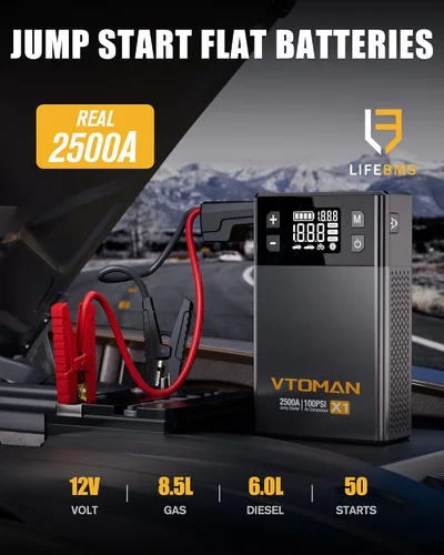 Miniatura 2 de VTOMAN X1 Arrancador con compresor de aire, arrancador de batería de coche (2500A, hasta 8.5L de gasolina/6L de motor diésel) con inflador