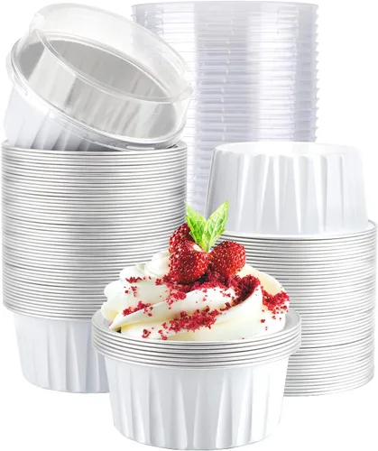 Miniatura 25 de EUSOAR Moldes de aluminio para magdalenas de varios colores, moldes de aluminio de 5 onzas para hornear, recipientes de postre con tapas, tazas de 5