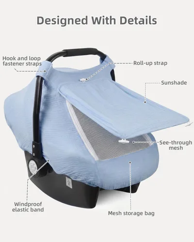 Miniatura 3 de Rquite Funda de asiento de automóvil para bebé, niña, niño, 100% muselina de algodón, toldo transpirable a prueba de viento con ventana de malla