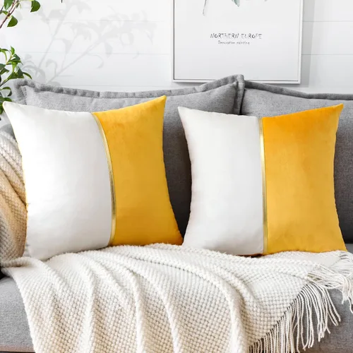Miniatura 2 de OTOSTAR Fundas de almohada de terciopelo amarillo y blanco con retazo de cuero dorado, lujosas, modernas, minimalistas, cuadradas, para sala