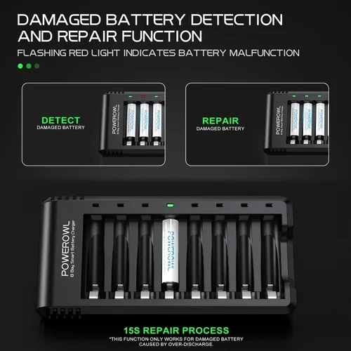 Miniatura 4 de Powerowl Cargador de Batería de 8 Compartimentos AA AAA, Carga USB de Alta Velocidad, Compartimento Independiente, para Baterías Recargables Ni-MH