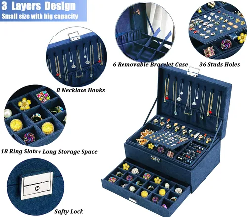 Miniatura 2 de Joyeros para mujer, organizador de joyas de terciopelo azul marino con cerradura, organizadores de joyas para adolescentes, organizador de joyas