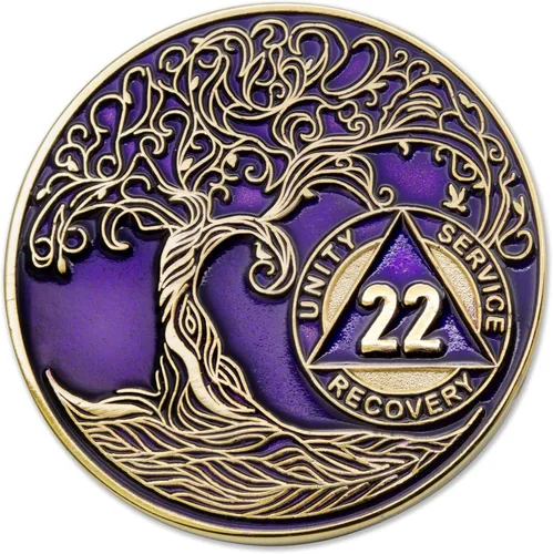Miniatura 19 de 20 Year Sobriety Mint Twisted Tree of Life - Medallón de recuperación AA chapado en oro, fichas y fichas, color negro