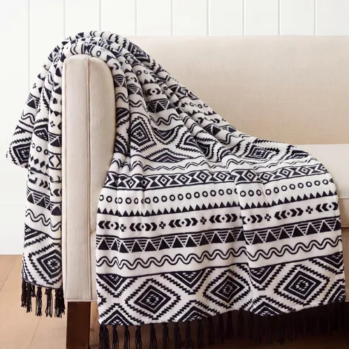 Miniatura 12 de CASAAGUSTO Manta bohemia – Manta decorativa verde y beige con borla, manta bohemia de franela impresa para silla, cama, sofá