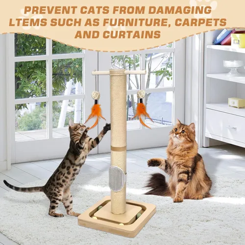 Miniatura 6 de Árbol pequeño para gatos de 27 pulgadas con pista de bolas de 3 niveles y poste rascador de yute, torre de gatito que ahorra espacio para mascotas
