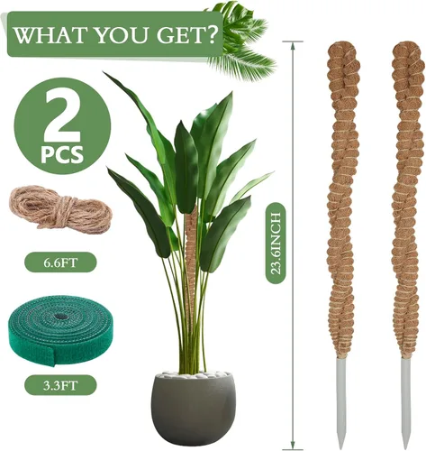 Miniatura 7 de Paquete de 2 postes de musgo de coco de 25 pulgadas para plantas trepadoras de interior, soporte de plantas hecho a mano para enredaderas