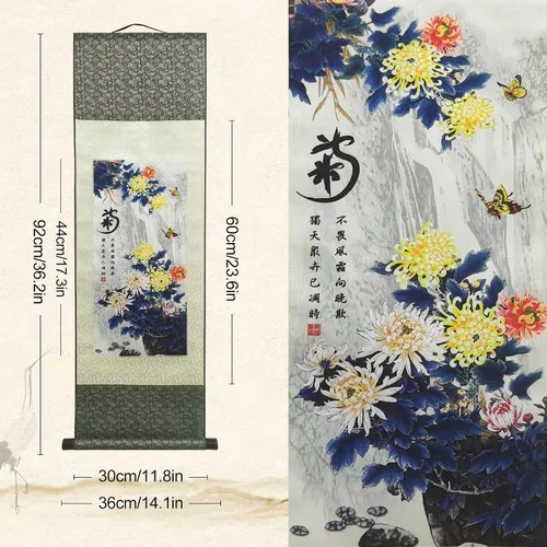 Miniatura 2 de AtfArt Decoración asiática de pared, hermosa pintura de pergamino de seda, 4 flores de hombre justo, orquídea ciruela, bambú, crisantemo, decoración