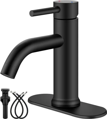 Aolemi Grifo de baño de un solo agujero, grifo de lavabo de baño de una sola manija con líneas de suministro, con montaje de drenaje desplegable y