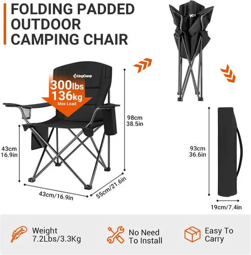Miniatura 2 de KingCamp Sillones plegables portátiles acolchados para exteriores con portavasos integrado, funda térmica aislada y bolsillo de almacenamiento Negro