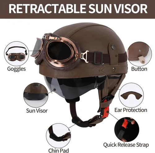 Miniatura 4 de Cascos de Motocicleta de Estilo Alemán, Medio Casco de Cuero Retro, Aprobado por el DOT, para Adultos, Hombres y Mujeres, Casco de Media Cara Marrón