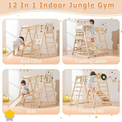 Miniatura 2 de Parque infantil 12 en 1: juego de escalada plegable para niños con tobogán, roca/red, barras de mono, tabla de dibujo, columpio y juego de pickler