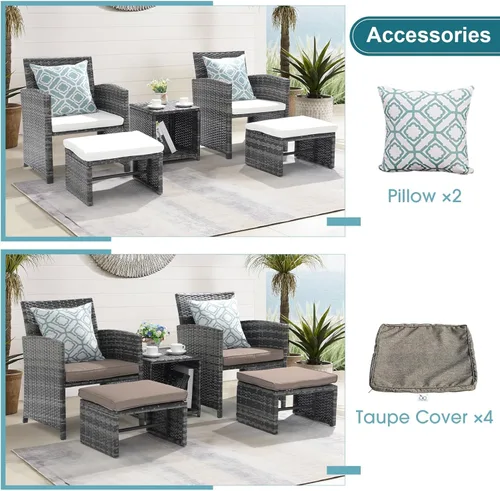 Miniatura 3 de OC Orange-Casual Juego de muebles de patio de 5 piezas, silla de mimbre para conversación al aire libre y juego otomano con mesa auxiliar, almohadas