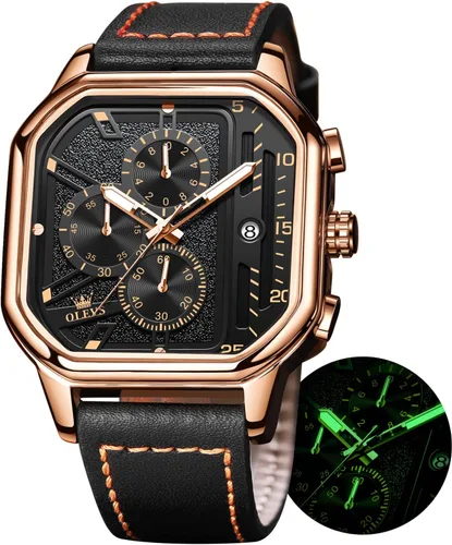 Miniatura 13 de OLEVS Relojes cuadrados para hombre, cronógrafo de cuero marrón, reloj de negocios de moda, luminoso, impermeable, relojes de pulsera casuales