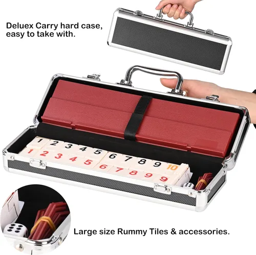 Miniatura 4 de Doublefan Rummy Cube Edición para 4 jugadores, juego de 106 cubos Rummy con 4 estantes de plástico en estuche de aluminio portátil, juego de mesa