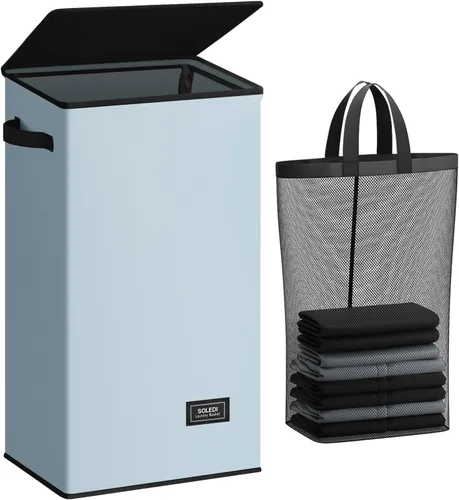 Miniatura 26 de SOLEDI - Canasta de lavandería con tapa de 100L, canasta de ropa plegable grande y alta, cesta de lavandería con bolsa removible fácil