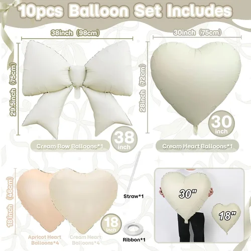 Miniatura 2 de Globos de Corazón Beige Neutro de 30", Globos de Papel de Aluminio con Lazo Grande, 10 Piezas de Globos Gigantes de Lazo Crema de 38" con Juego