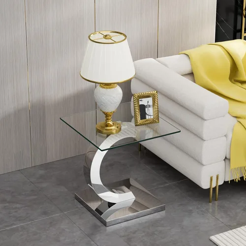 Miniatura 175 de Mesa de centro de cristal de lujo, mesa de centro de sofá de 47 pulgadas con marco de acero inoxidable dorado y parte superior de vidrio negro, mesa