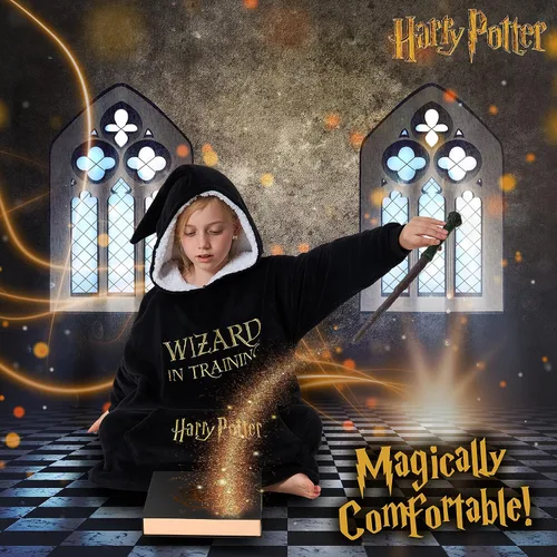 Miniatura 5 de Regalos de Harry Potter para niños, adolescentes, niñas, niños y varones, manta con capucha de mago, manta con capucha de forro polar de gran Negro