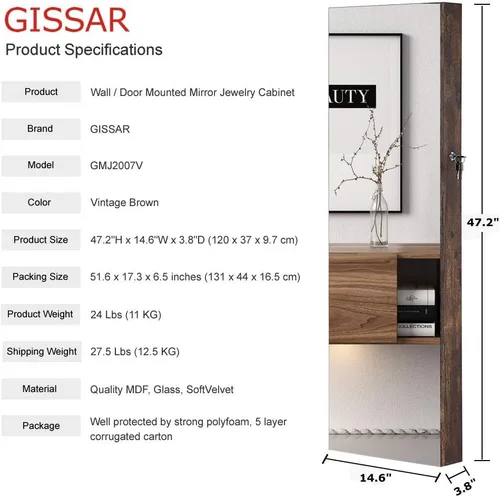 Miniatura 5 de GISSAR - Armario de joyería con espejo de longitud completa armario de joyería de 6 LED montado en la pared para colgar sobre la puerta organizador