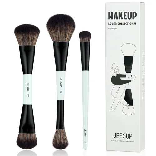 Miniatura 10 de Jessup Juego de brochas de maquillaje, 10 piezas, doble cara para base, contorno, rubor, iluminación, mezcla de cejas, sombra de ojos, delineador