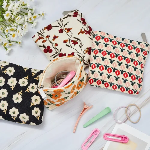 Miniatura 5 de Abbylike 4 piezas de bolsa de maquillaje floral, bolsa de cosméticos de pana con cremallera, pequeñas bolsas portátiles para bolso, mini bolsa