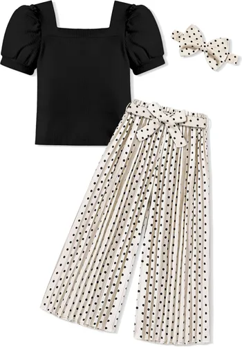 Miniatura 59 de DONWEN Conjunto de 3 piezas de ropa para niñas pequeñas y niñas con cuello cuadrado + pantalones elegantes + diadema para primavera y verano
