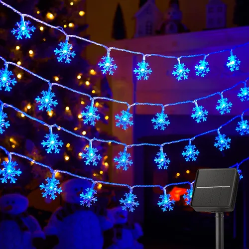 Miniatura 10 de Brightown Guirnalda de luces solares de copo de nieve de Navidad, paquete de 2 unidades, 100 luces LED de 78 pies para exteriores, impermeables