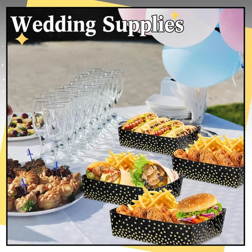 Miniatura 5 de Hushee 50 piezas de suministros para fiesta de graduación de 5 libras de puntos circulares negros y dorados, nachos, bandejas desechables de lunares